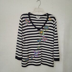 Just B Sweater Womens L Striped Butterfly Beaded‎ V-Neck Rayon Blend Long Sleeve